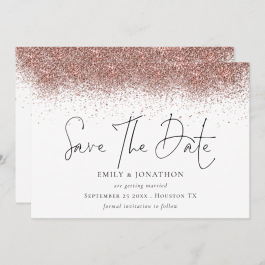 Save The Date Mariage frontalier rose Parties scintillant or (Devant / Derrière)