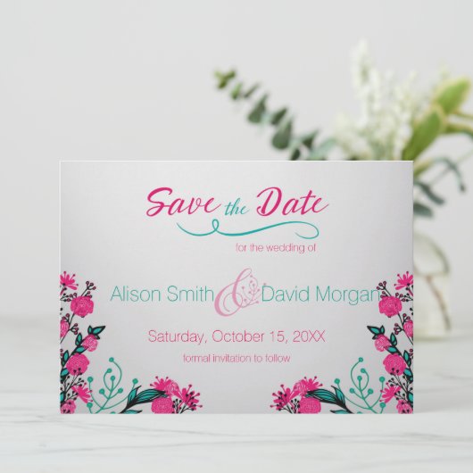 Save The Date Mariage Fuchsia et Turquoise Enregistrer la date (Debout devant)