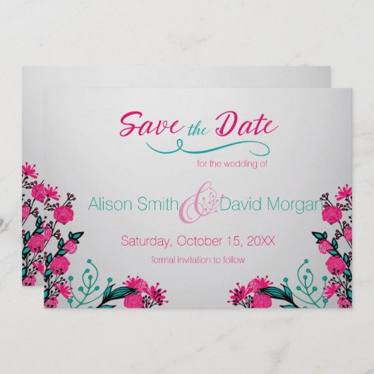 Save The Date Mariage Fuchsia et Turquoise Enregistrer la date (Devant / Derrière)
