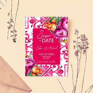 Save The Date Mariage Fuchsia Majolica carreaux oranges