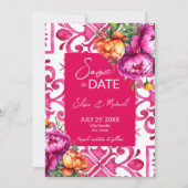Save The Date Mariage Fuchsia Majolica carreaux oranges (Devant)
