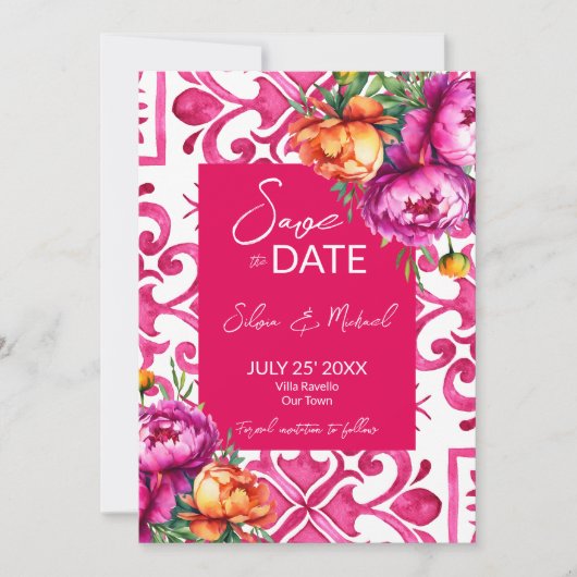 Save The Date Mariage Fuchsia Majolica carreaux oranges (Devant)