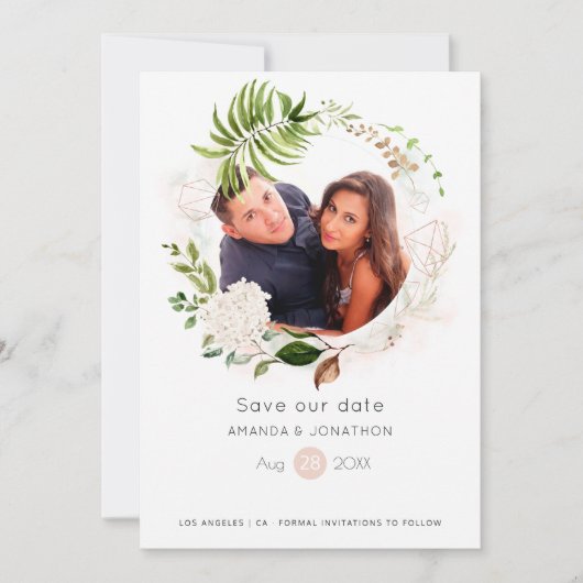 Save The Date Mariage géométrique à la verdure avec or rose et r (Devant)