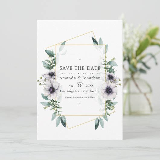 Save The Date Mariage géométrique à l'anémone d'eucalyptus aquar (Debout devant)