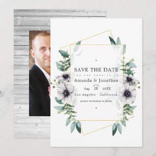 Save The Date Mariage géométrique à l'anémone et à l'eucalyptus 
