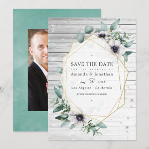 Save The Date Mariage géométrique à l'anémone eucalyptus rustiqu