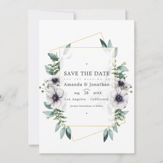 Save The Date Mariage géométrique à l'aquarelle Eucalyptus Anémo (Devant)