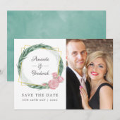 Save The Date Mariage géométrique à l'aquarelle eucalyptus rose (Devant / Derrière)