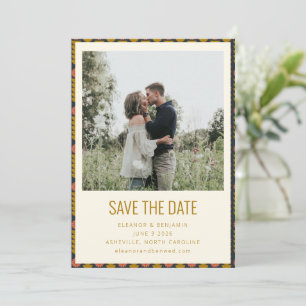 Save The Date Mariage géométrique botanique rétro or marine