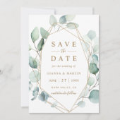 Save The Date Mariage géométrique de feuillage vert Gold Script (Devant)