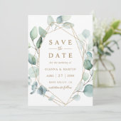 Save The Date Mariage géométrique de feuillage vert Gold Script (Debout devant)
