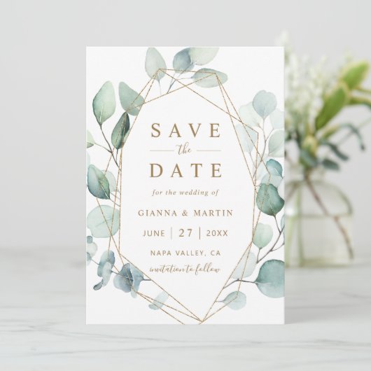 Save The Date Mariage géométrique de feuillage vert Gold Script (Debout devant)