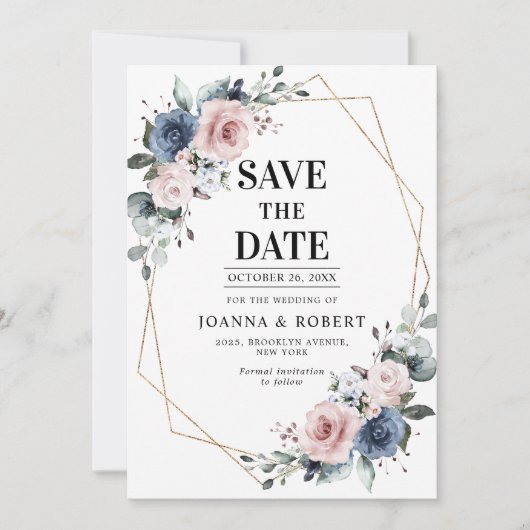 Save The Date Mariage géométrique Dusty Blue Mauve Eucalyptus (Devant)