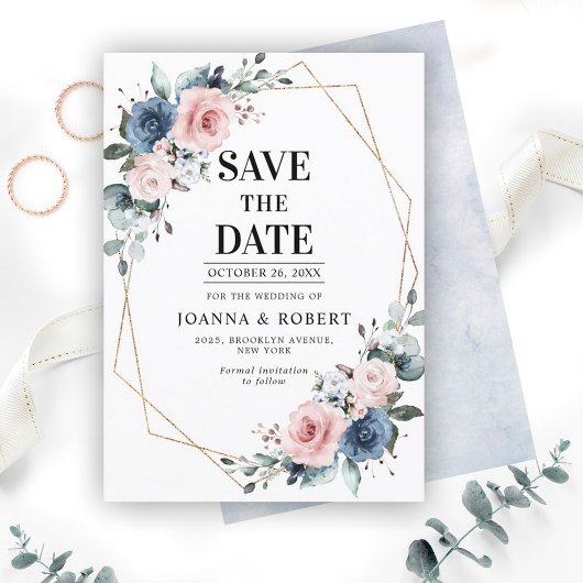 Save The Date Mariage géométrique Dusty Blue Mauve Eucalyptus