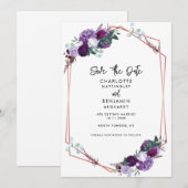 Save The Date Mariage géométrique élégant à fleurs violettes (Devant / Derrière)