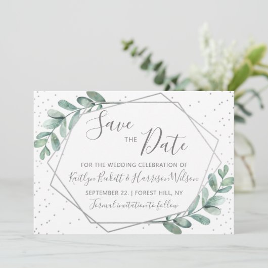Save The Date Mariage géométrique en argent Eucalyptus (Debout devant)