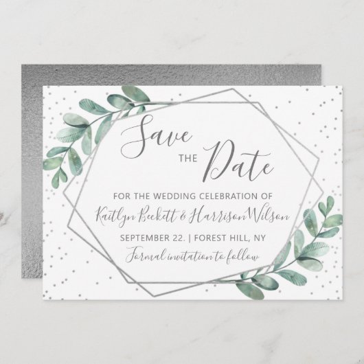 Save The Date Mariage géométrique en argent Eucalyptus (Devant / Derrière)