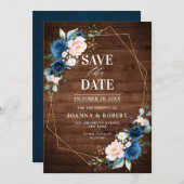 Save The Date Mariage géométrique en bois rustique bleu marine (Devant / Derrière)