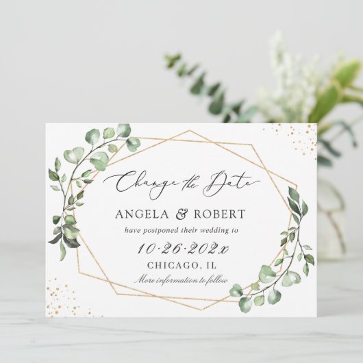 Save The Date Mariage géométrique Eucalyptus vert reporté (Debout devant)