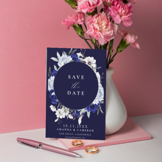 Save The Date Mariage Géométrique Floral Bleu Poussiéreux Élégan