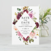 Save The Date Mariage Géométrique Floral Rose Fardé Violet Prune (Debout devant)