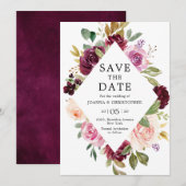 Save The Date Mariage Géométrique Floral Rose Fardé Violet Prune (Devant / Derrière)