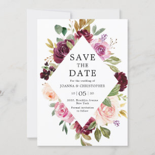 Save The Date Mariage Géométrique Floral Rose Fardé Violet Prune