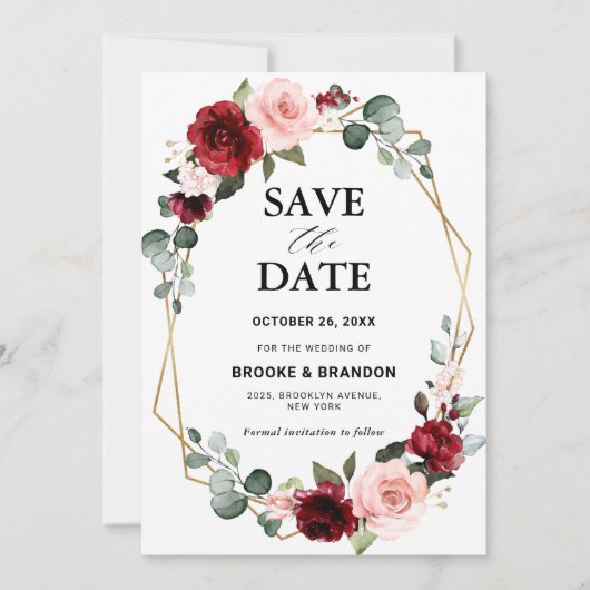 Save The Date Mariage Géométrique Moderne Floral Rouge-Bourgogne (Devant)