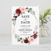 Save The Date Mariage Géométrique Moderne Floral Rouge-Bourgogne (Debout devant)