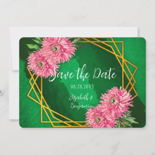 Save The Date Mariage Géométrique Or Chrysanthèmes Roses (Devant)