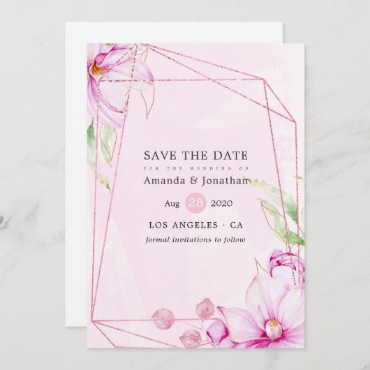 Save The Date Mariage géométrique rose Gold et rose Magnolia (Devant / Derrière)