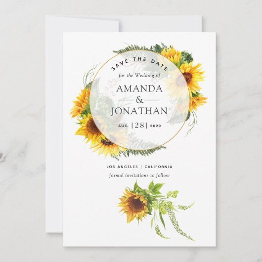 Save The Date Mariage géométrique rustique au tournesol à l'aqua (Devant)