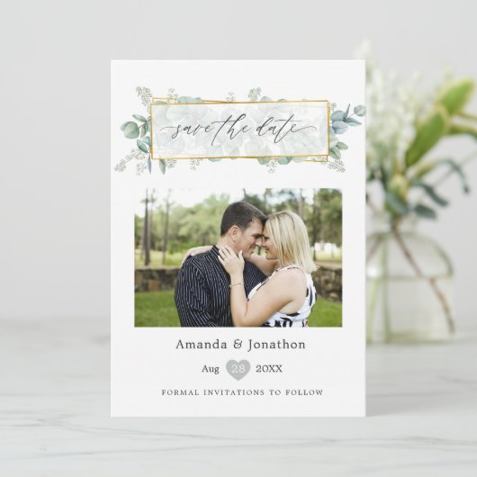 Save The Date Mariage géométrique Silver Sage Eucalyptus (Debout devant)