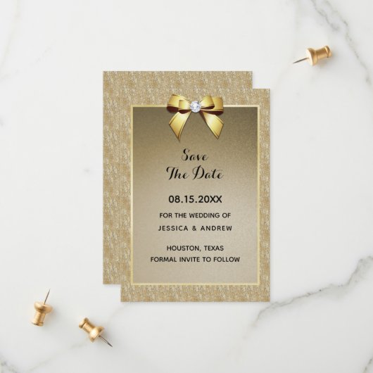 Save The Date Mariage Glamour Or & Bijou de Style (Devant/Arrière en situation)
