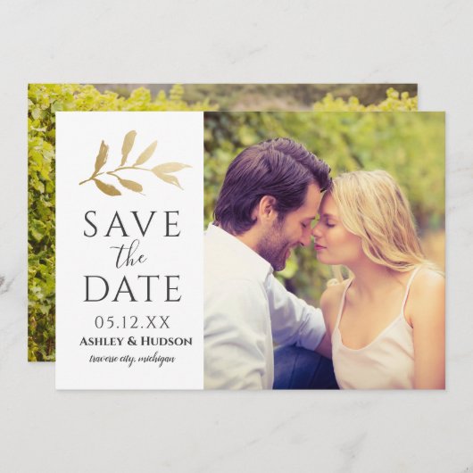 Save The Date Mariage Gold Branch Photo White (Devant / Derrière)