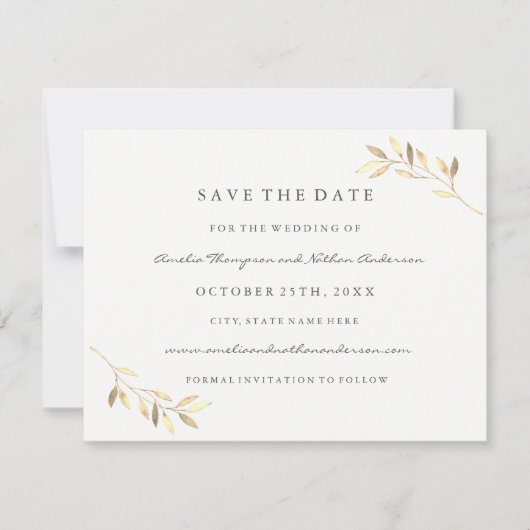 Save The Date Mariage Golden Leaf Moderne Sauvez La Date (Devant)