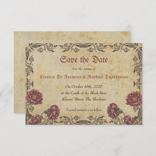 Save The Date Mariage gothique aux fleurs sombres (Devant / Derrière)