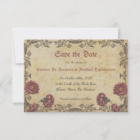 Save The Date Mariage gothique avec fleurs sombres (Devant)