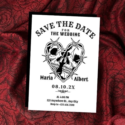 Save The Date Mariage gothique de couple de crânes noir et blanc