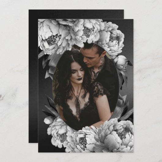 Save The Date Mariage gothique Moody White Peonies (Devant / Derrière)