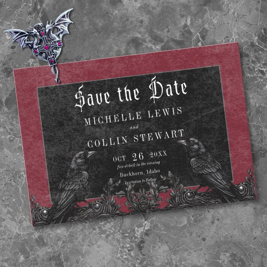 Save The Date Mariage gothique noir corbeau et roses de Bourgogn