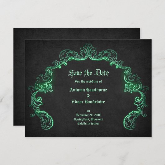 Save The Date Mariage gothique noir vert (Devant / Derrière)