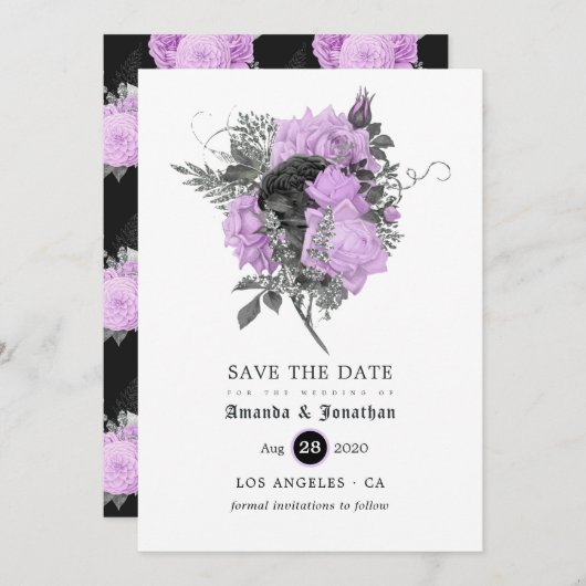 Save The Date Mariage gothique noir violet et argenté (Devant / Derrière)