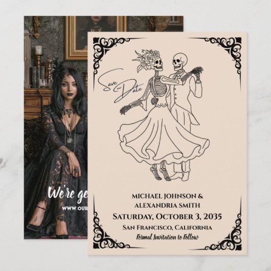 Save The Date Mariage gothique - Squelettes mignons dansent dans (Devant / Derrière)