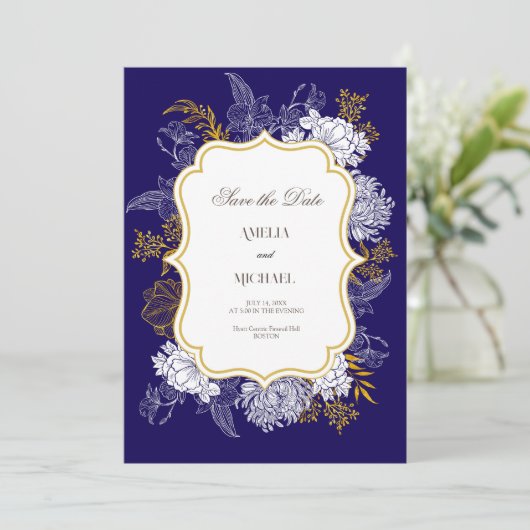Save The Date Mariage graphique Blue Gold Botany (Debout devant)