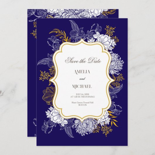 Save The Date Mariage graphique Blue Gold Botany (Devant / Derrière)