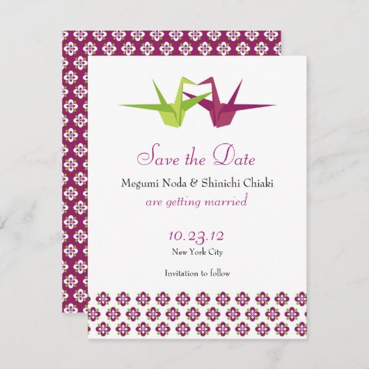 Save The Date Mariage Grue en Papier Origami (Devant / Derrière)