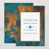 Save The Date Mariage Grunge Cuivre Patine et Turquoise (Devant / Derrière)