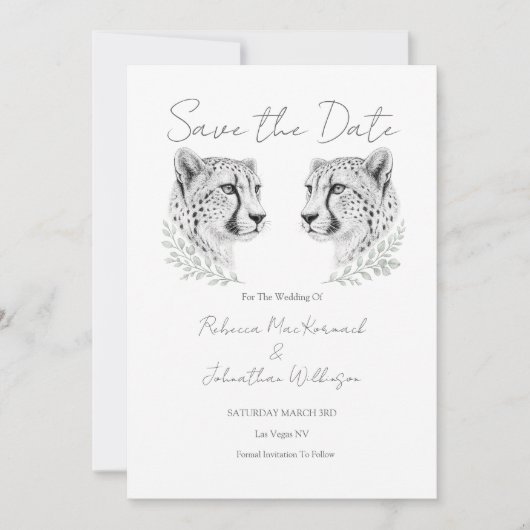 Save The Date Mariage Guépard Design Moderne Élégant Noir Blanc (Devant)