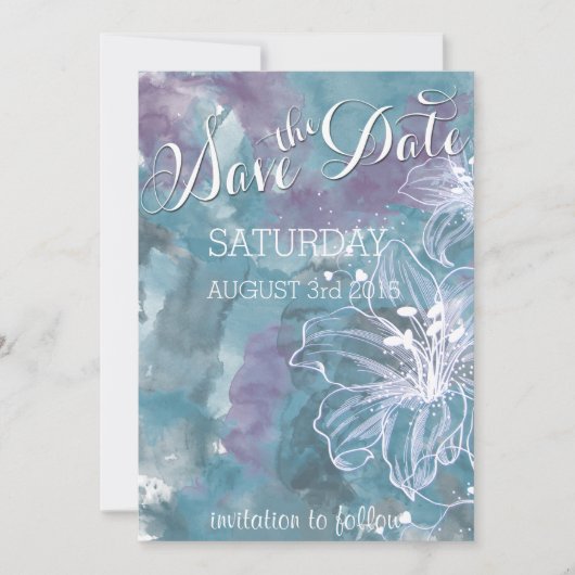 SAVE THE DATE MARIAGE HIBISCUS EN COULEUR D'EAU BLEU (Devant)